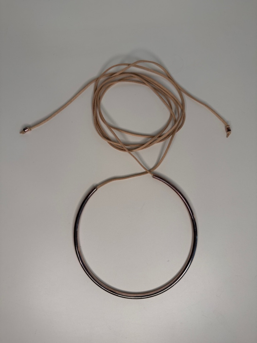 Minimalist Copper Hoop Necklace with Beige leather Cord